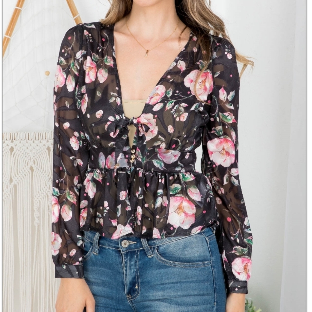 Floral Peplum Deep Vee Neck Top